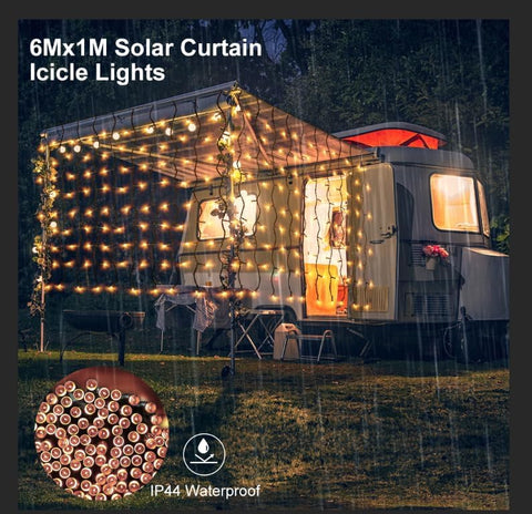 6M Solar Icicle Lights 300 LED Warm White – Outdoor Christmas Curtain Lights with Remote, 8 Modes & Timer - Turn Dark Evenings Into a Festive Glow