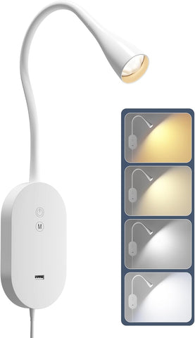 White LED reading lamp with flexible neck and packaging showing different light settings.