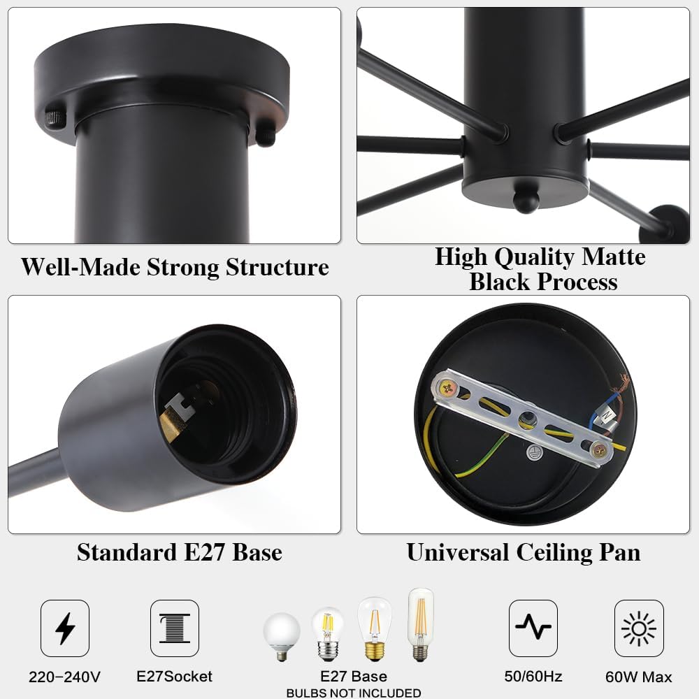 Collage of a black ceiling light fixture with features highlighted.