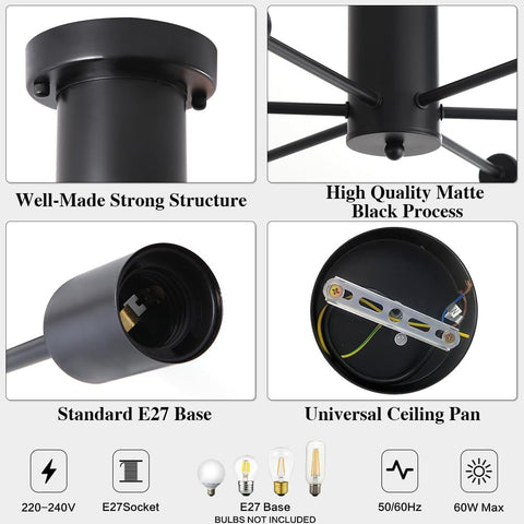 Collage of a black ceiling light fixture with features highlighted.
