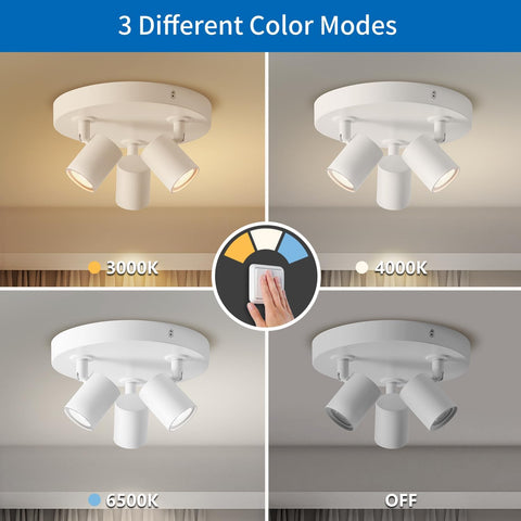 Ceiling light fixture with three different color modes displayed on a neutral background.