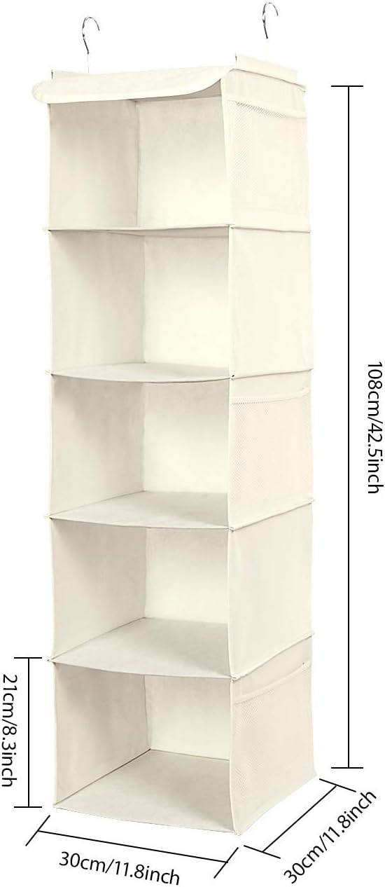 2 PCS Hanging Wardrobe Closet Storage with 5 Shelves Organiser, Storage Shelves Unit with 6 Pockets for Clothes -Beige(12 X 12 X 43 Inch)