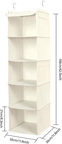 2 PCS Hanging Wardrobe Closet Storage with 5 Shelves Organiser, Storage Shelves Unit with 6 Pockets for Clothes -Beige(12 X 12 X 43 Inch)