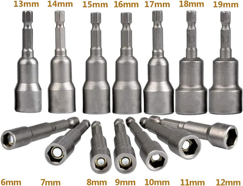 14 Pcs Magnetic Hexagon Socket, 6-19mm Hex Shank Magnetic Nut Setter Driver, Hex Drill Bits,1/4 Inch Magnetic Drill Bit Set, Used to Electric Screwdriver Handle Tools