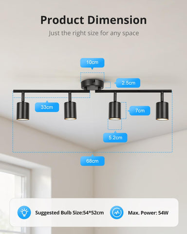 Ceiling light fixture with dimensions labeled on a ceiling
