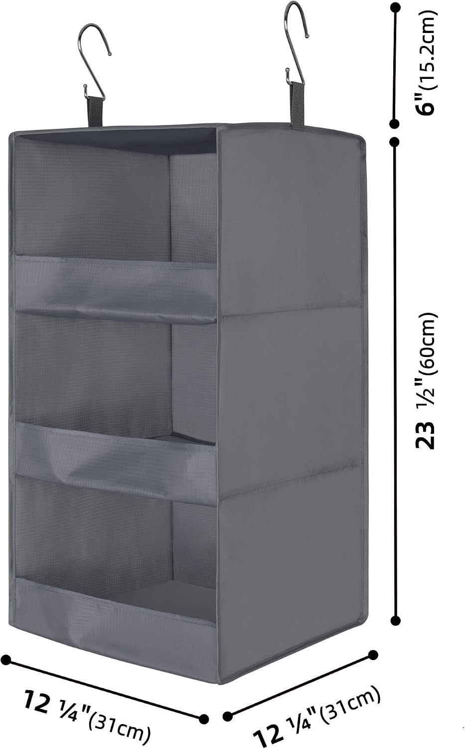3-Shelf Hanging Storage Organiser, Pack of 1 Hanging Wardrobe Storage Organiser, Collapsible Hanging Shelves for Wardrobe, Fabric Hanging Wardrobe Organiser for Clothes Accessories, Grey