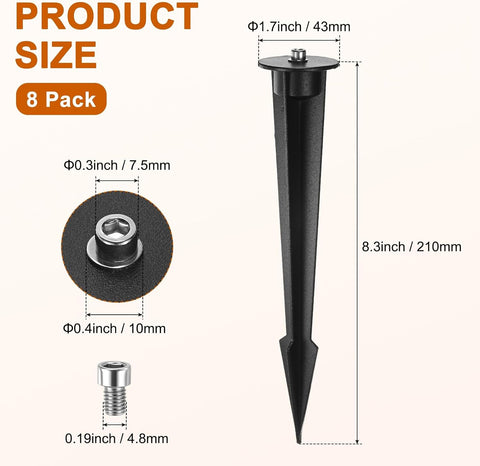 M METERXITY 8-Pack Metal Flood Light Ground Stake, 1.7" Diameter x 8.3" Height Outdoor Light Stakes Replacement for Landscape/Garden/Yard/Lawn/Pathway [Black]