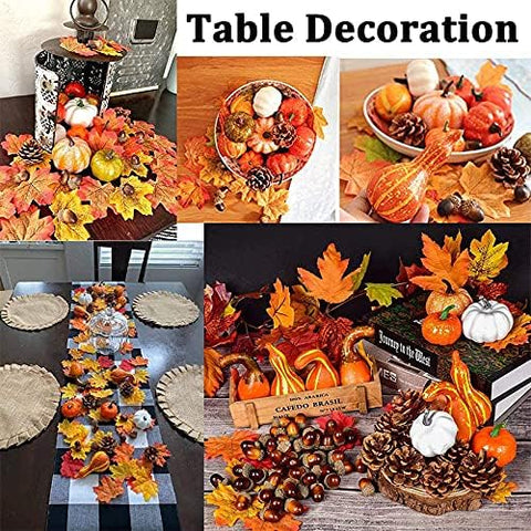 120Pcs Artificial Pumpkins Autumn Decorations Set,Autumn Home Decor Artificial Fall Maple Leaves,Pine Cones,Gourds,Pumpkin,Small Acorns for Thanksgiving Halloween Fall Home Harvest Table Decorations