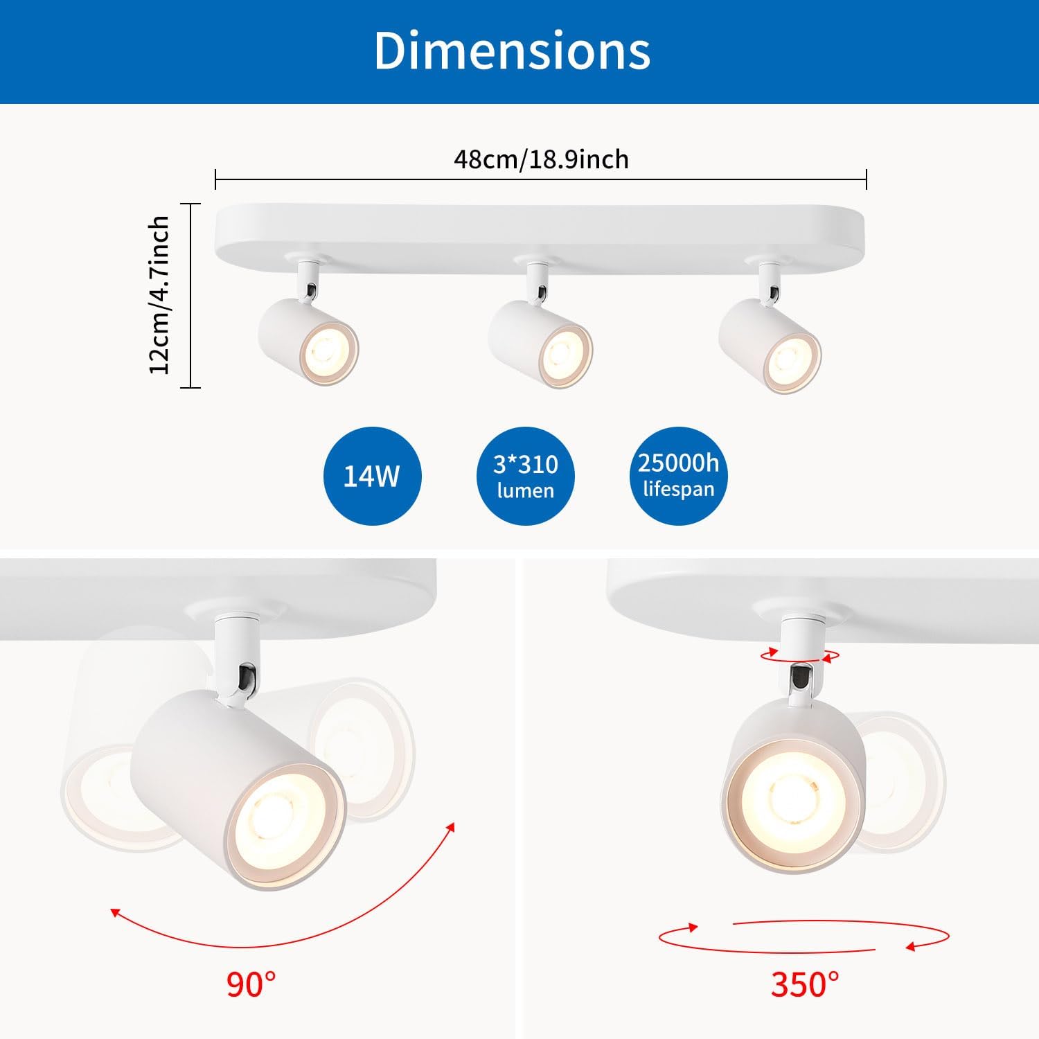Ceiling light fixture with dimensions and specifications on a white background