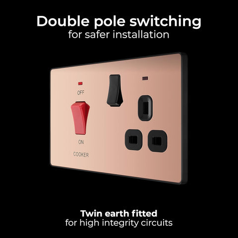 BG Electrical Cooker Switch with Socket and LED, Cooker Control Unit, Control Socket, Double Pole, Screwless Front Plate, Evolve, Polished Copper, 45A, PCDCP70B