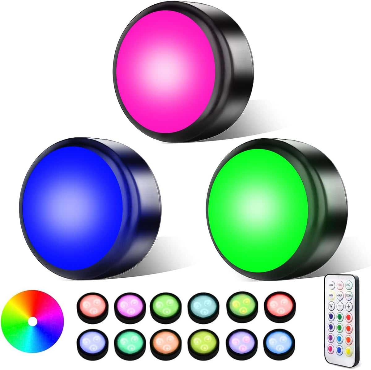 Battery Operated Push Lights Stick On, 16 Colors Changeable Black Dimmable Battery Powered Puck Lights with Wireless Remote for Under Cabinet, Classroom Closet or Bedroom (3 Pack)