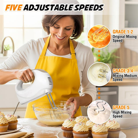 Hand Mixer Electric with 5 Speeds & Turbo – Includes 5 Stainless Steel Attachments for Baking, Whisking & Dough (CX-6613)