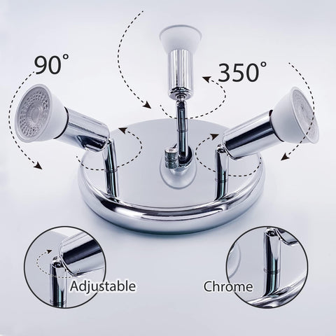Chrome ceiling light fixture with adjustable and 360-degree features on a white background