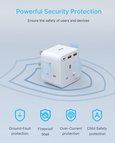 White power adapter with safety features on a blue background
