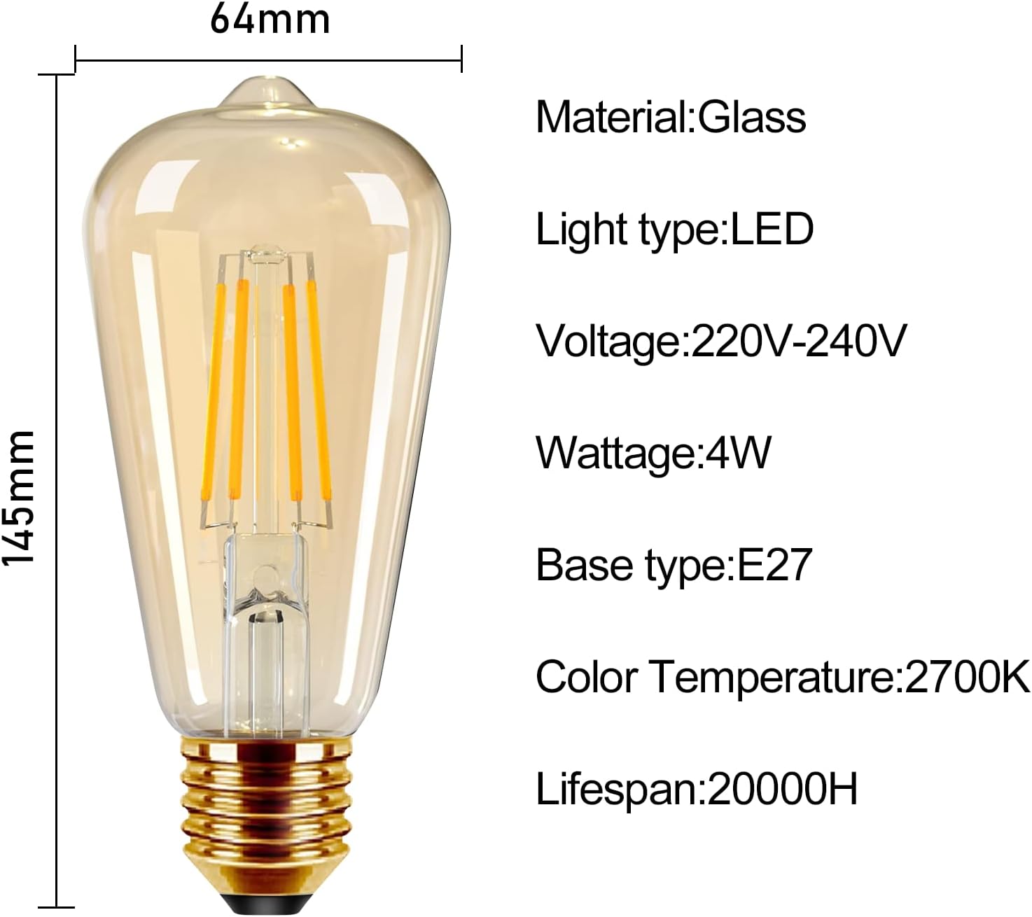 LED filament bulb with dimensions and specifications on a white background