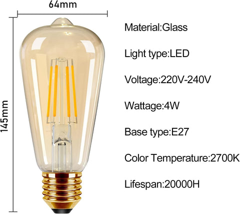 LED filament bulb with dimensions and specifications on a white background