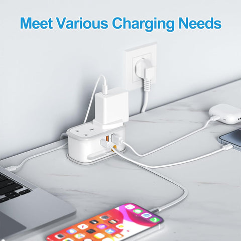 UK to US Plug Adapter with 1.5M Extension Cable, 2 Way Outlets, 3 USB Ports & Retractable USB-C Cable – Type B Travel Adaptor