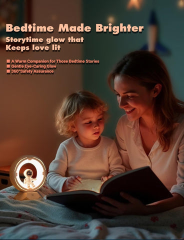 Woman reading a book to a child with a nightlight on a table next to them, in a cozy room setting.