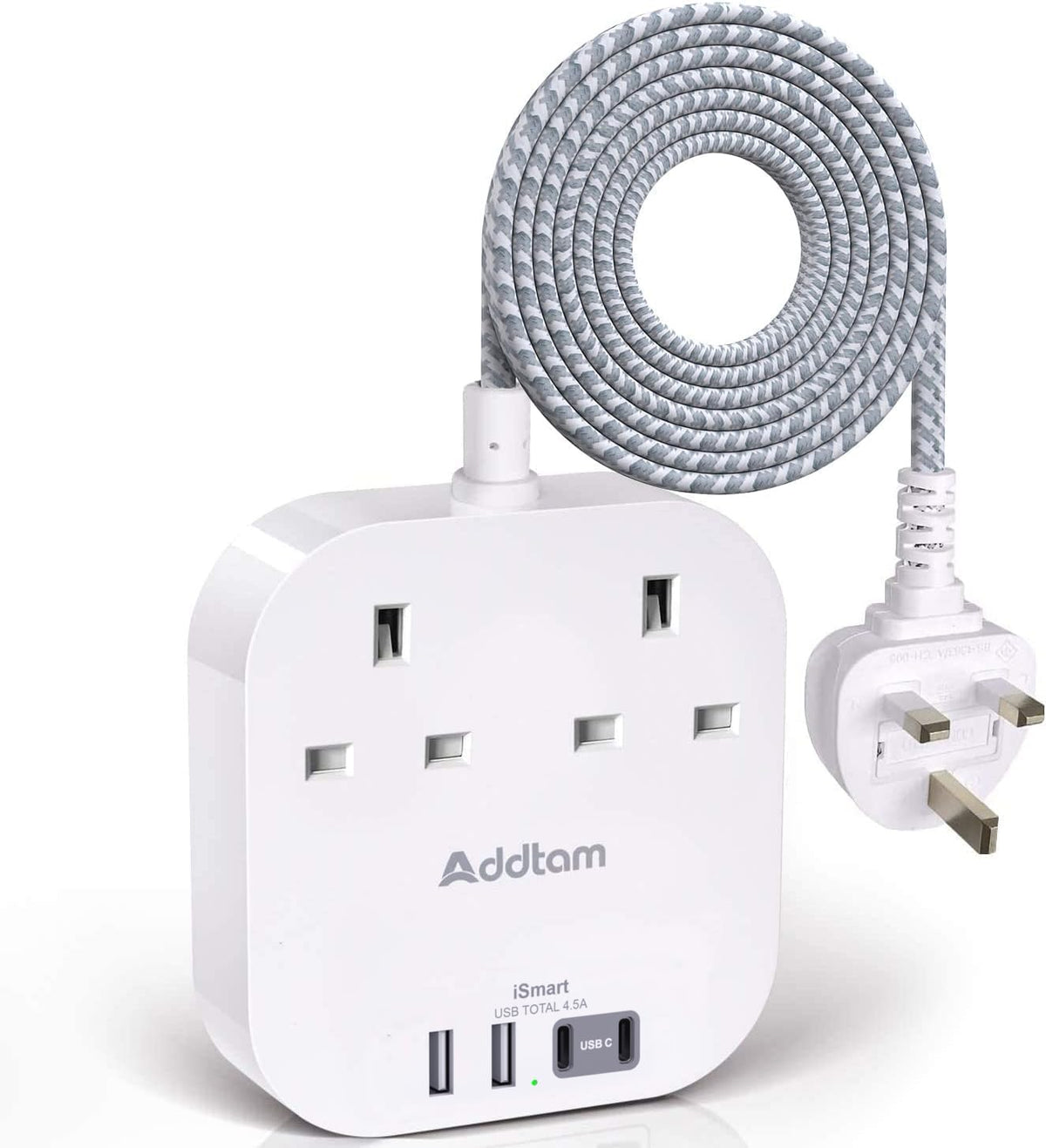 Addtam Extension Lead with 2 AC Outlets, 4 USB Ports & 1.6m Braided Cable – Keep Your Everyday Devices Charged Without the Desk Clutter