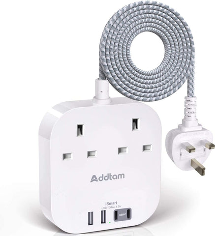 Addtam Extension Lead with 2 AC Outlets, 4 USB Ports & 1.6m Braided Cable – Keep Your Everyday Devices Charged Without the Desk Clutter