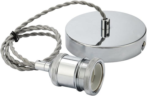 Metallic pendant light fixture with coiled cable on a white background