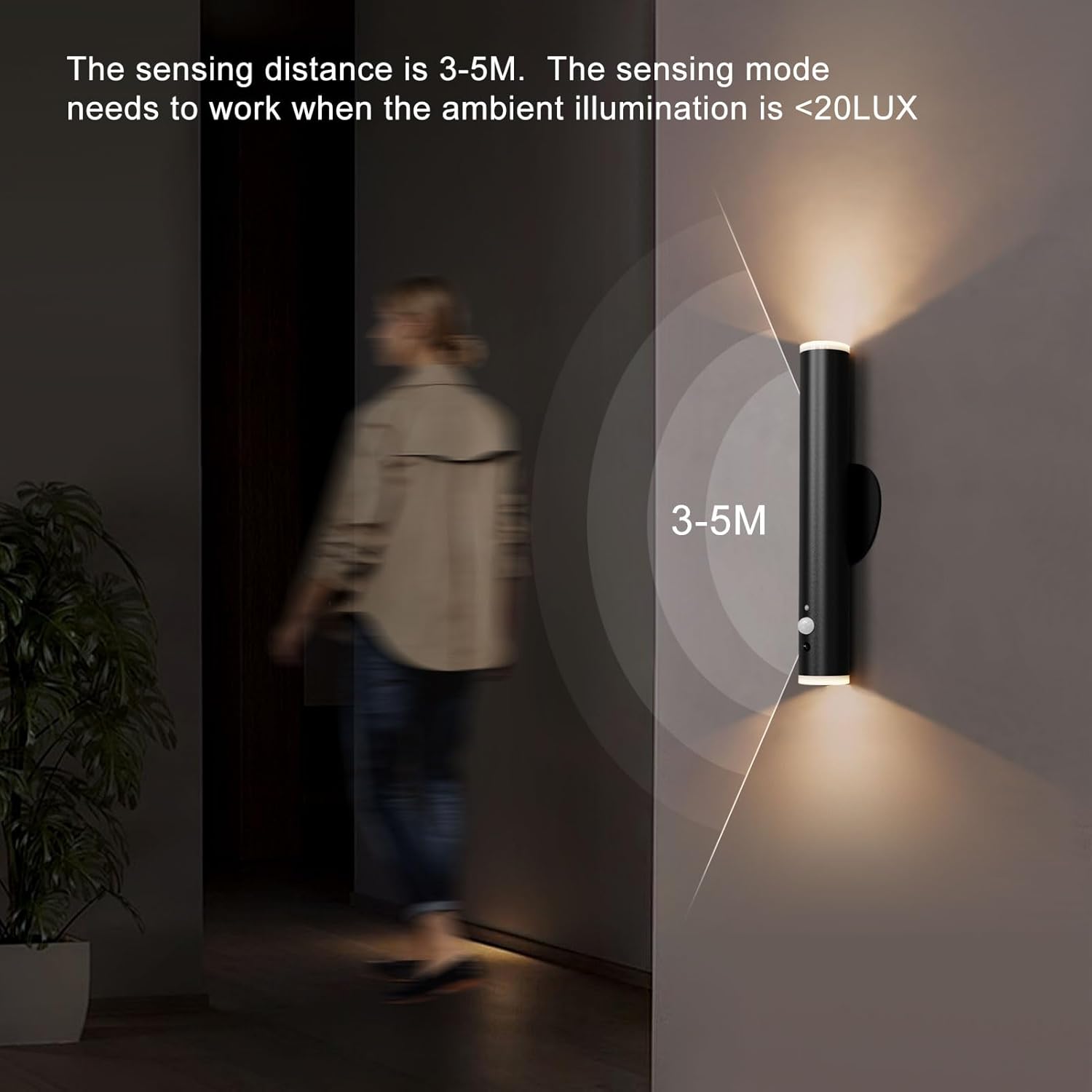 Wall-mounted light fixture with text about sensing distance and illumination requirements in a dark room.