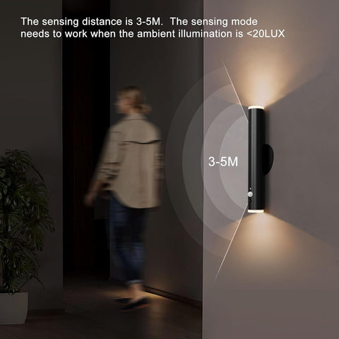 Wall-mounted light fixture with text about sensing distance and illumination requirements in a dark room.