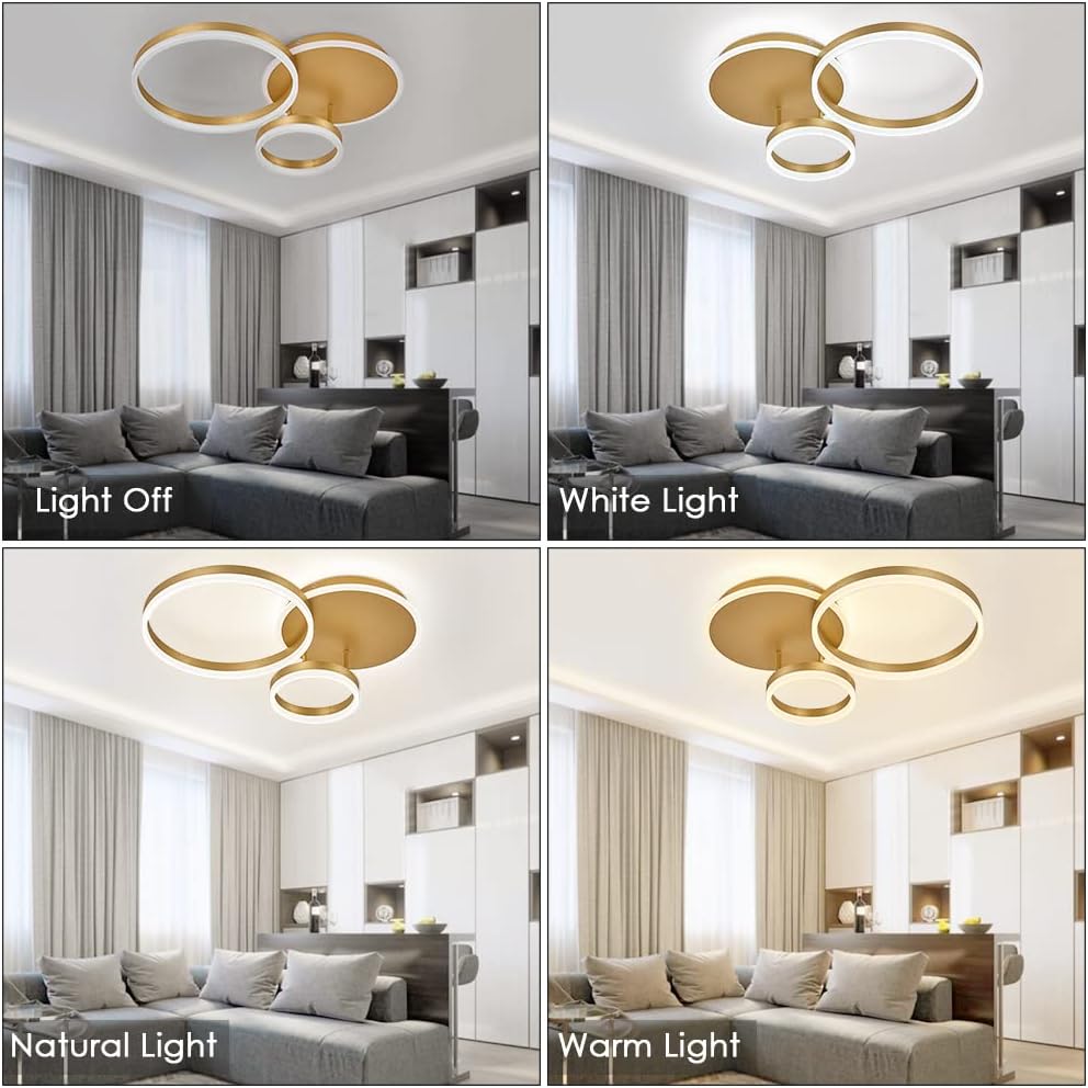 Ceiling light fixture shown in different lighting conditions in a living room setting.