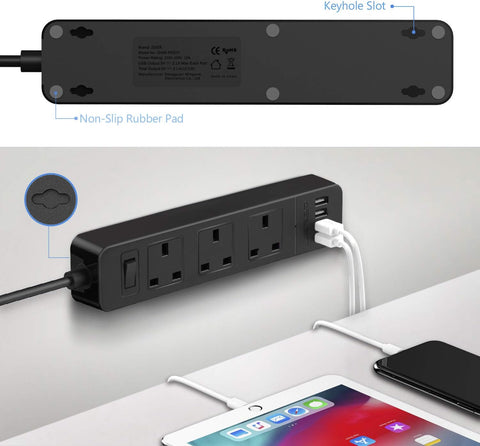 JSVER Extension Lead with 3 UK Socket Outlets, 4 USB Ports & 2m Cable – Black Desktop Power Strip for Home and Office, Keep Your Everyday Devices Charged Without the Cable Chaos