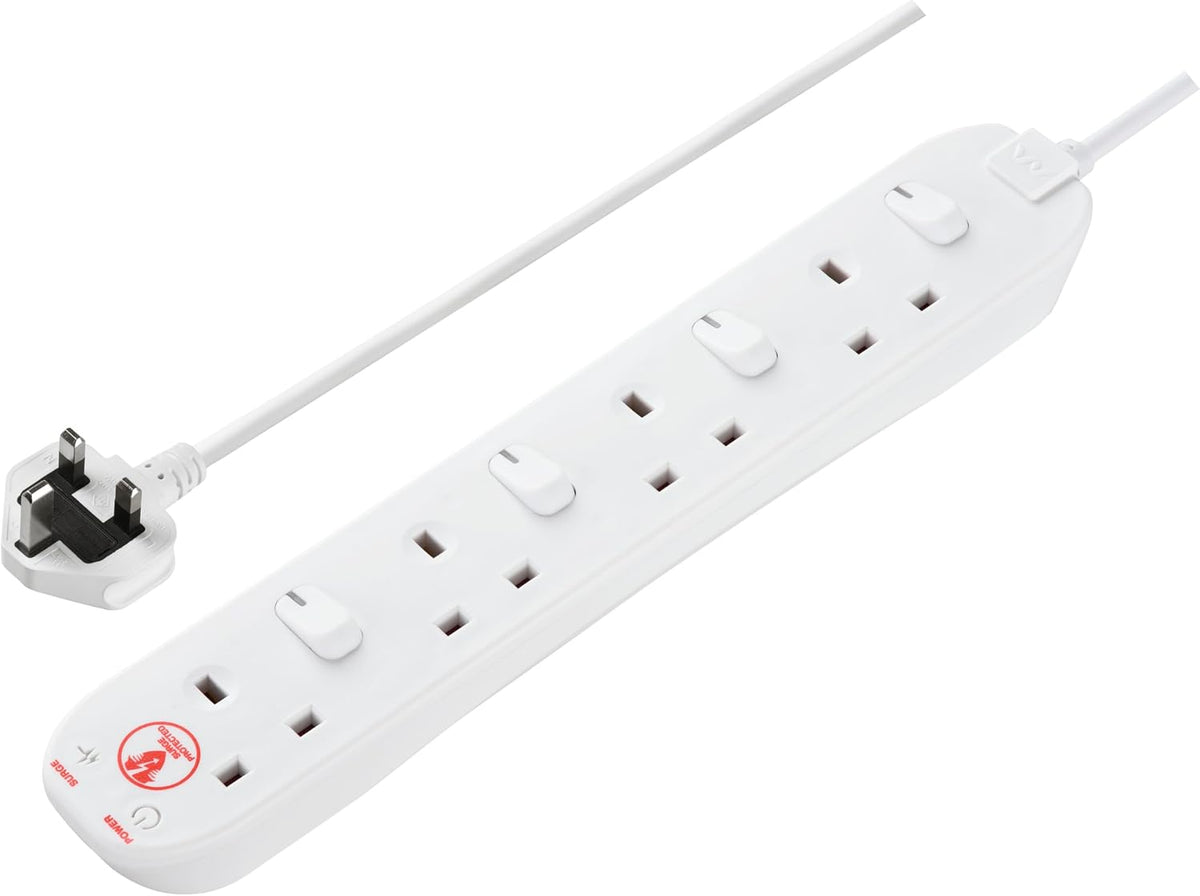 Masterplug 4-Way Surge Protected Extension Lead 2m – White 13A Power Strip with Individual Switches and LED Indicators – Keep Your Everyday Tech Powered, Protected and Tidy