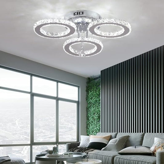 Modern Crystal Chandelier Flush Mount Stainless Steel Pendant Ceiling Lamp 3-Rings Round LED Light Fixtures for Living Room Bedroom Restaurant Porch Dining Room (Cool White)