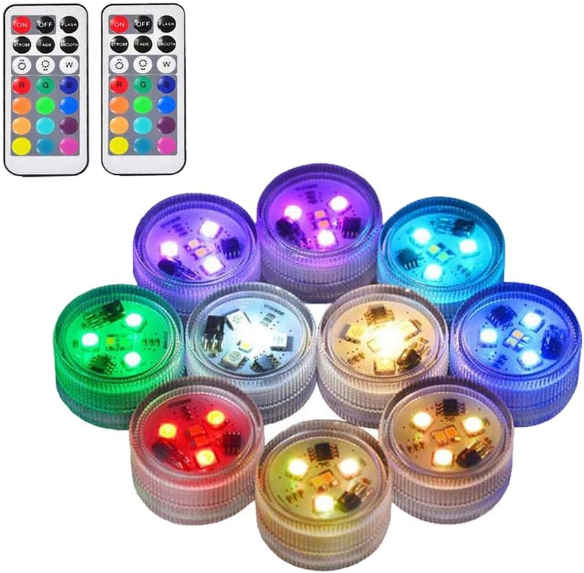 10pcs Submersible LED Lights 100% Waterproof CR2450 Mood Light Underwater Lights Battery Powered with IR Remote Control for Vase Fishtank Wedding Halloween Christmas