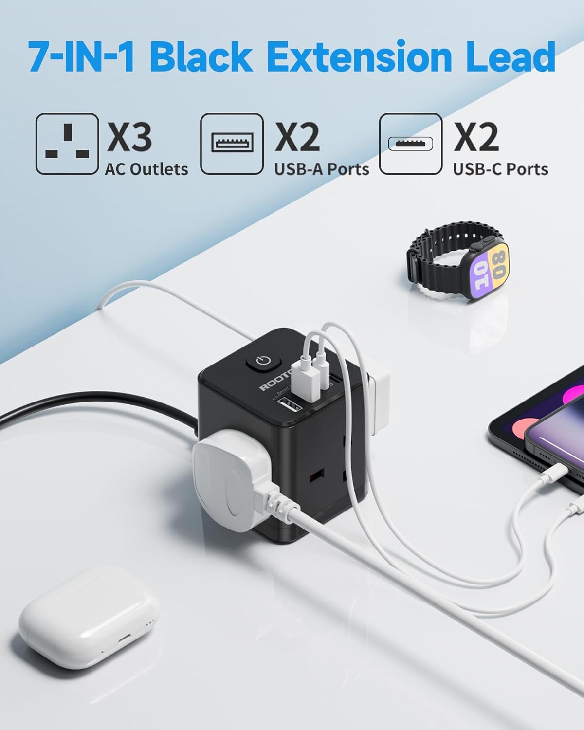 7-in-1 black extension lead with multiple ports on a white background