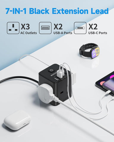 7-in-1 black extension lead with multiple ports on a white background