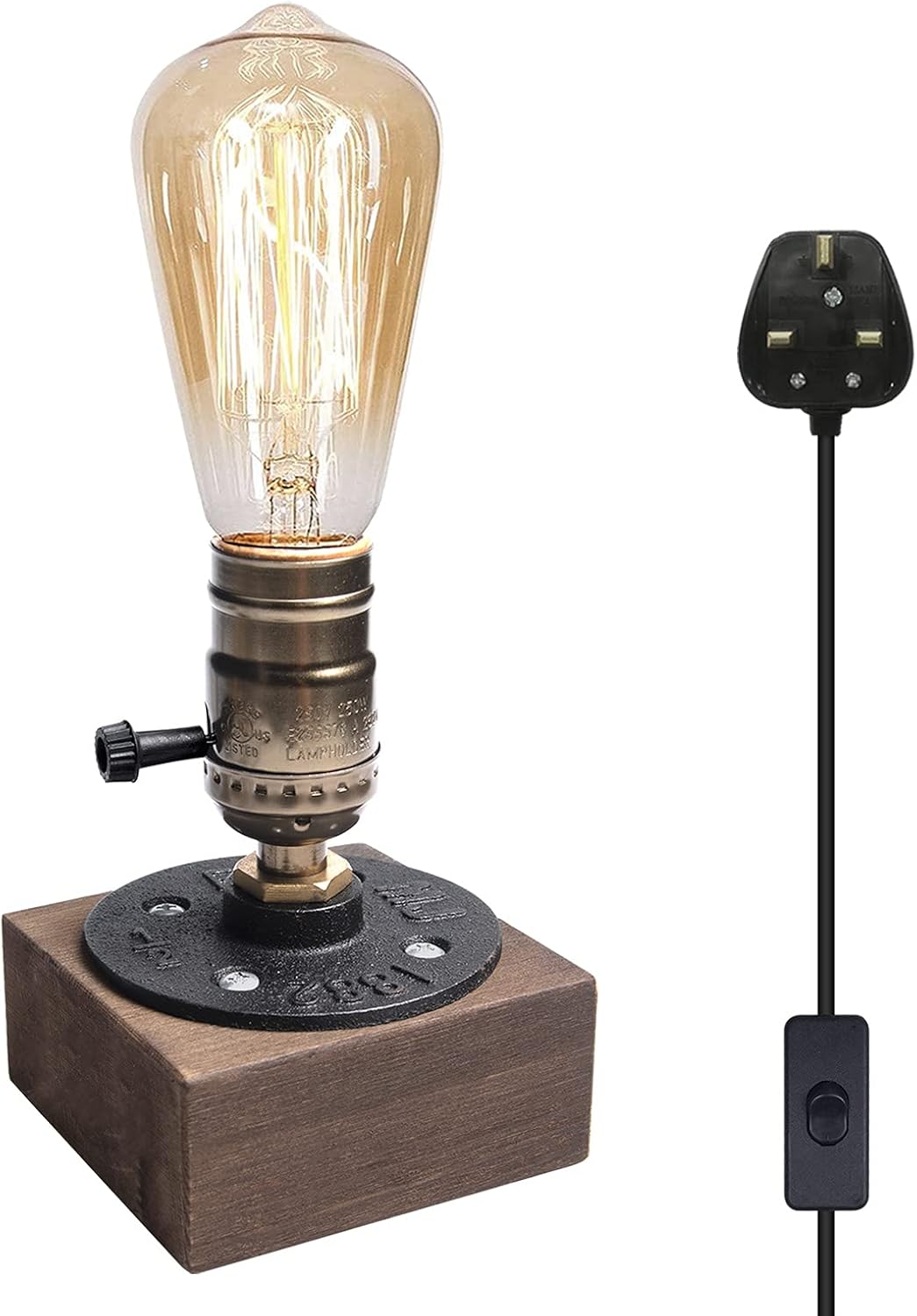 Luxvista E27 Vintage Wooden Table Lamp Base – Industrial Edison Desk Lamp Holder with UK Plug, Rustic Bedside Lamp for Bedroom, Living Room, Dining Room & Café