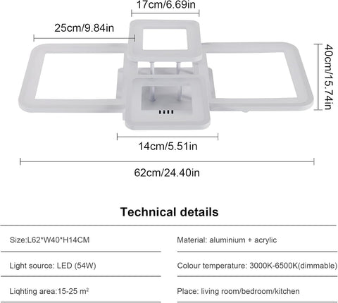 Measurement chart of a ceiling light fixture with dimensions and technical details.