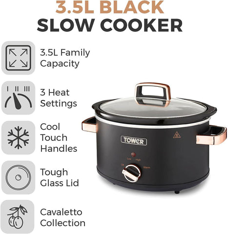 Cavaletto 3.5L Slow Cooker Black & Rose Gold | 3 Heat Settings, Removable Pot, Cool Touch Handles, Family Meals Cooker