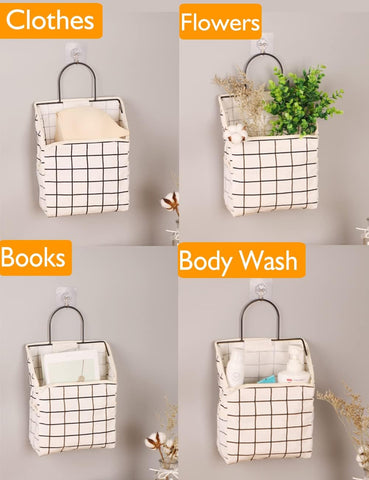 BieFuSin 2-Pack Wall Hanging Storage Bags, Grey Plaid Cotton Linen Organisers with Metal Frame, Waterproof Lining & Side Mesh Pockets for Bedroom, Bathroom & Kitchen
