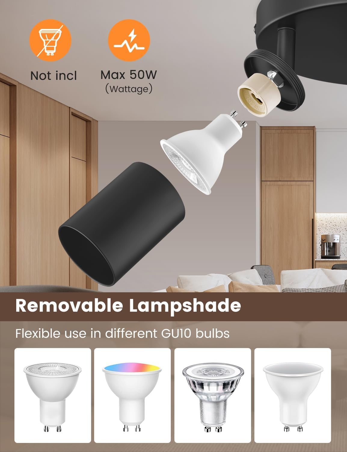 Removable lampshade with GU10 bulb compatibility in a home setting