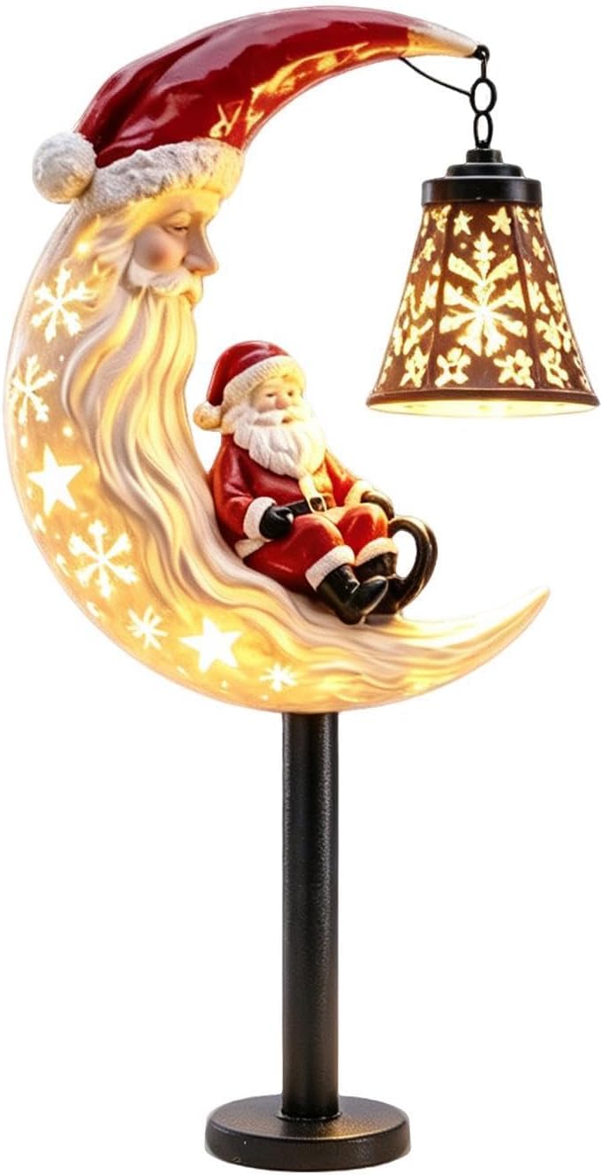 Solar Christmas Stakes - LED Hollow Moon & Santa Figurine Decor, Warm