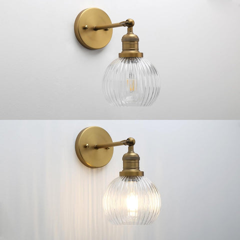 Vintage Wall Light Sconce with Clear Striped Glass Globe Shade, Modern Indoor Wall Vanity Light Fixture for Bathroom Living Room Bedroom