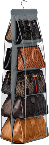 CJWLKJ 10-Pocket Hanging Handbag Organiser – Grey Clear Storage Holder for Wardrobes and Closets