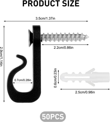 BQMEZRNUS 50 Pack Q-Hanger Screw-In Hooks with Safety Buckles – Black PP and Stainless Steel Hooks for String Lights, Plants, Garden, Garage & Party Decorations