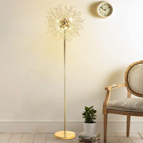 Decorative floor lamp in a room with a chair and plant