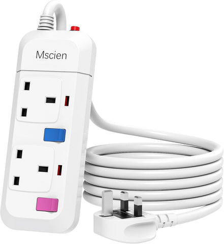 Mscien 5M Extension Lead 2 Way Plug Sockets with Individual Switches Overload Protected Power Strip Wall Mountable 5 Metre Long Extension Cable