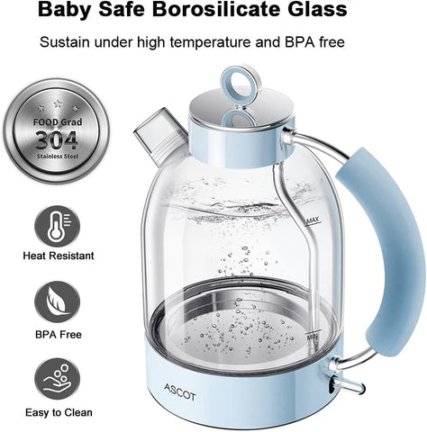 Electric Kettle 1.5L Glass Tea Kettle – Fast Boil Hot Water Boiler – BPA-Free, Auto Shut-Off & Boil-Dry Protection (Blue)