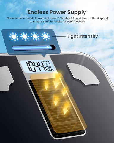 Battery-Free Solar Body Weight Scale – Digital Bluetooth Smart Bathroom Scale with Body Fat & BMI Monitor, 400 lbs