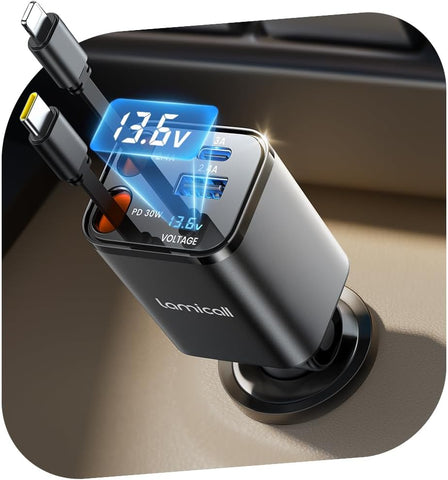 Lamicall 4-in-1 Retractable Car Charger Adapter 69W USB-C & USB-A