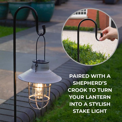 Festive Lights - 2 Pack of 71cm Grey Solar Fisherman Outdoor Stake Light with Hanging Lantern - Warm White Filament Effect LED, Antique Rustic Metal Look, IP44 Rated, Cage Finish, Integrated Panel