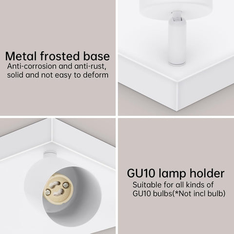 Collage of a metal frosted base and GU10 lamp holder with text on anti-corrosion, anti-rust, and compatibility.
